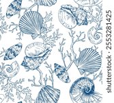 Toile de jouy  seashell pattern. Colorful seamless shells and coral pattern. Perfect for greetings, invitations, manufacture wrapping paper, textile and web design. Vector ocean pattern.