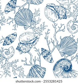 Padrão de concha de Toile de jouy. Conchas coloridas sem emenda e padrão de coral. Perfeito para saudações, convites, papel de embalagem de fabricação, design têxtil e web. Padrão oceânico vetorial.