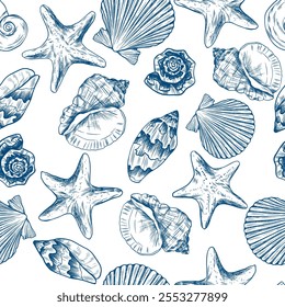 Toile de jouy seashells pattern. Colorful seamless shells and starfish pattern. Perfect for greetings, invitations, manufacture wrapping paper, textile and web design. Vector ocean pattern.