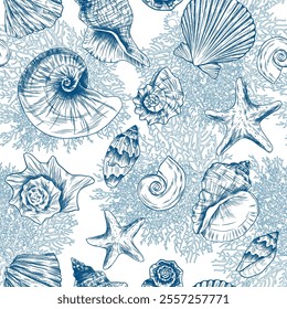 Toile de jouy seashells pattern. Colorful seamless shells and starfish pattern. Perfect for greetings, invitations, manufacture wrapping paper, textile and web design. Vector ocean pattern.