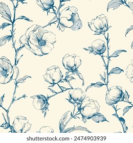 Toile de jouy soft cotton flowers seamless pattern. Blossom Patterns. Print Design Seamless Patterns. Nature Serenity in Painterly Detail, Featuring Subdued Tones, Vector Graphics