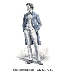 Toile de jouy style illustration of a gentleman standing