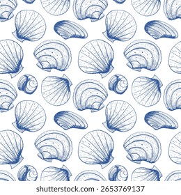 Padrão oceânico estilo Toile de jouy. Conchas desenhadas à mão em caneta de tinta azul. Vetor vintage elegante repetir fundo isolado em branco para impressão, design, têxtil, envoltório, vestuário