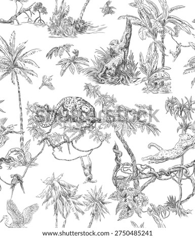Toile de Jouy Tropic seamless patterns and separate element with tropical fauna