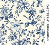 Toile De Jouy Vintage Floral Seamless Pattern Elegant Vector Graphics.
Featuring delicate florals, wildflowers and romantic motifs. This seamless pattern is crafted to perfection.