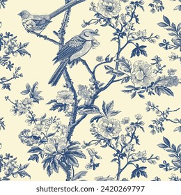 Toile De Jouy Vintage Floral Seamless Pattern: Elegant Vector Graphics.
Featuring delicate florals, graceful birds, and romantic motifs, this seamless pattern is crafted to perfection.