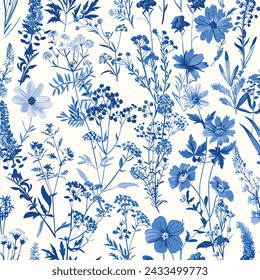 Toile De Jouy Vintage Floral Seamless Pattern Elegant Vector Graphics.
Featuring delicate florals, wildflowers, and romantic motifs, this seamless pattern is crafted to perfection.