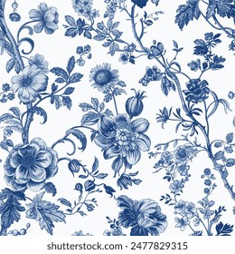 Toile De Jouy Vintage Floral Seamless Pattern Elegant Vector Graphics 