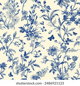 Toile De Jouy Vintage Floral Seamless Pattern Elegant Vector Graphics 