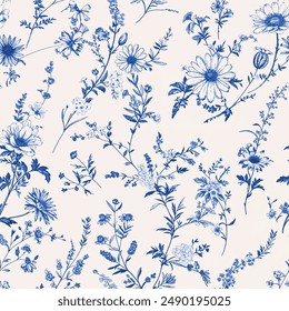 Toile De Jouy Vintage Floral Seamless Pattern Elegant Vector Graphics 