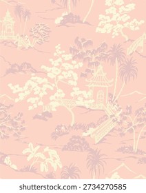 Toile de Tropical Mural. Hand-Drawn Engraving Landscape Illustration