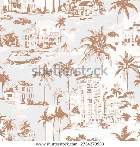 Toile de Tropical Mural. Hand-Drawn Engraving Landscape Illustration