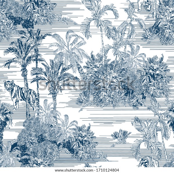 Toile Engraving Tropical Islands Seamless Pattern, Oriental Palm Trees Wallpaper, Wildlife Tigers in Exotic Plants Ocean Beach Blue on White Background, Linear Jungle Oceania India Landscape Print