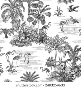 Toile flamingo bird, tropical palm trees, water seamless pattern. Jungle botanical wallpaper.