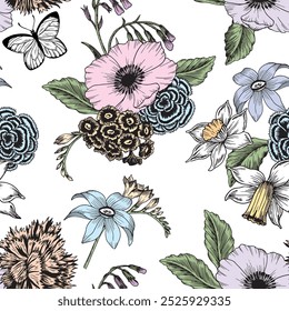 Toile flowers and leaves seamless pattern. Floral wallpaper.