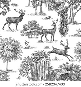 Toile forest with deer animal, willow, oak, willow tree seamless pattern. Classic landscape wallpaper.