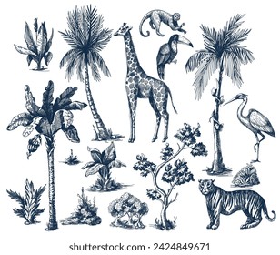 Animales tropicales y árboles toile gráficos. Vector.