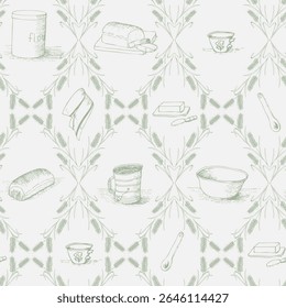 Toile Inspired Memories of Homemade Bread in Sage Green as Sifters and Wheat Flour Tins in Diamond Shapes creating a seamless pattern print