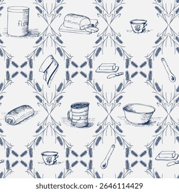 Toile Inspired Memories of Homemade Bread in Navy as Sifters and Wheat Flour Tins in Diamond Shapes creating a seamless pattern print