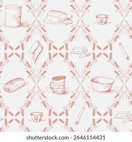 Toile Inspired Memories of Homemade Bread in Caramel Tan as Sifters and Wheat Flour Tins in Diamond Shapes creating a seamless pattern print