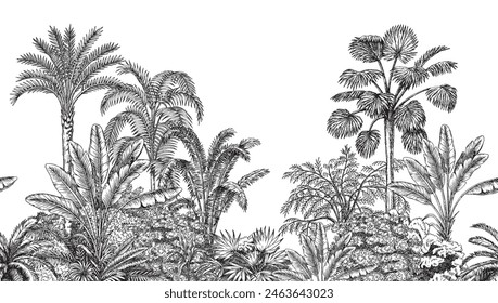 Toile jungle seamless border. Tropical palm tree and plants mural