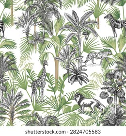 Toile jungle seamless pattern. Tropical palm tree, plants, African animals wallpaper.