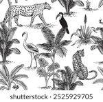 Toile leopard, flamingo, toucan and palms seamless pattern. Tropical wallpaper.