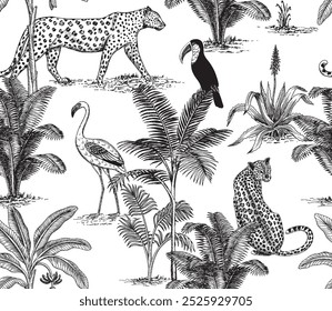 Toile leopard, flamingo, toucan and palms seamless pattern. Tropical wallpaper.