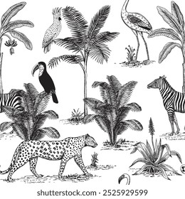 Toile leopard, zebra, parrot, toucan and palms seamless pattern. Tropical wallpaper.