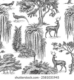 Toile park with pheasant bird, deer animal, willow, oak tree seamless pattern. Classic landscape wallpaper.