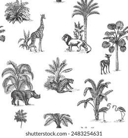 Animales tropicales de tela, pájaro flamenco, palmeras patrón sin fisuras. Fondo de pantalla botánico africano.