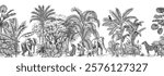 Toile tropical vintage botanical palm trees, banana tree, plants, banyan tree, elephant, zebra, leopard animal seamless border white background. Graphic jungle mural.