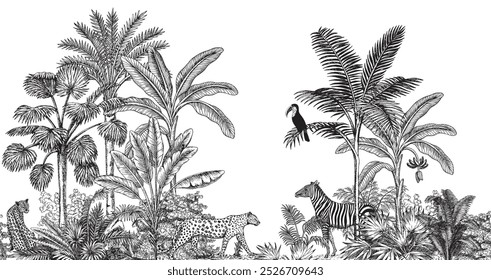 Toile tropical vintage botanical palm trees, banana tree, plants, leopard, zebra animal, toucan seamless border white background. Graphic jungle mural.