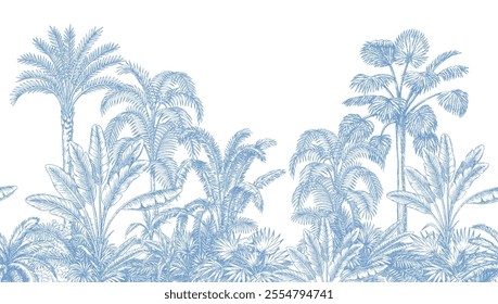 Toile tropical vintage botanical palm trees, banana tree, plants seamless border white background. Blue jungle mural.