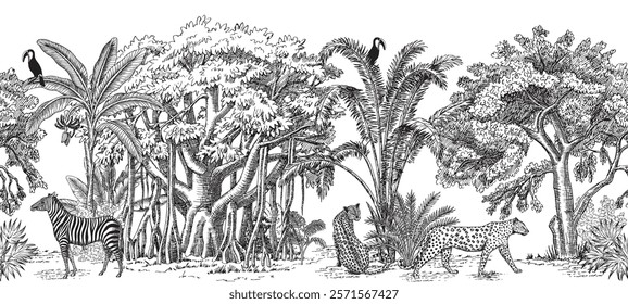 Toile tropical vintage botanical palm trees, banana tree, plants, leopards, zebra animal, toucan seamless border white background. Graphic jungle mural.