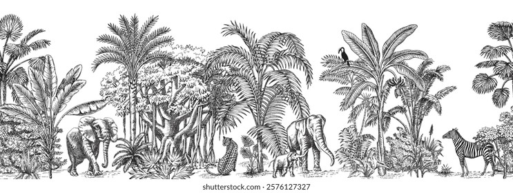 Toile tropical vintage botanical palm trees, banana tree, plants, banyan tree, elephant, zebra, leopard animal seamless border white background. Graphic jungle mural.