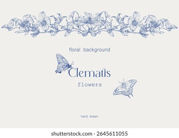 Toile Vector vintage floral border, blue beige. Clematis flowers, leaves, butterflies, engraved elements. Hand drawn illustration. Background for design greeting card, wedding decor, invitation, gift