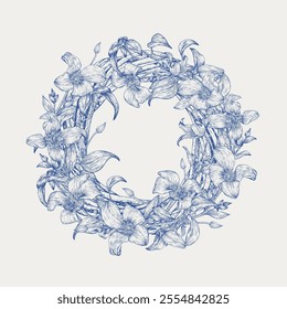 Toile Vector vintage floral wreath in blue beige. Delicate Clematis flowers and leaves engraved elements. Hand drawn illustration for design greeting card, wedding decor