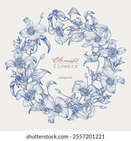 Toile Vector vintage floral wreath for design wedding, invite, greeting card, branding. Blue beige. Delicate Clematis flowers and leaves engraved elements. Hand drawn illustration