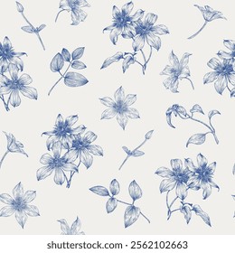 Toile vector vintage seamless pattern Clematis flowers. Blue beige. Hand drawn. Floral Background for design wedding decor, textile, paper, wallpaper, fashionable clothes. Monochrome