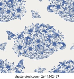 Toile vintage sem emenda padrão, buquê Clematis flores na cesta, borboletas, bege azul. Vetor floral Fundo desenhado à mão para embalagem de design, têxtil, papel de embrulho, papel de parede, decoração de casamento