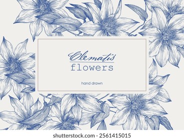 Toile Vintage Vector floral illustration Clematis flowers, bloom branches. Blue beige. Hand drawn elements. Elegant floral frame. Background for design greeting card, invitation, wedding decor, poster