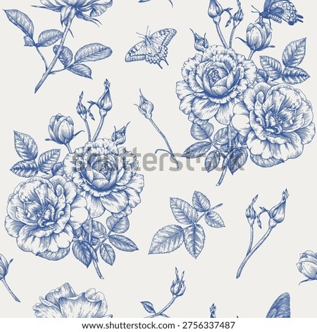 Toile Vintage vector Floral seamless pattern bouquet flowers Roses, butterflies, blue beige. Hand drawn. Background for design wedding, packaging, textile, wrapping paper, wallpaper, Fashion apparel