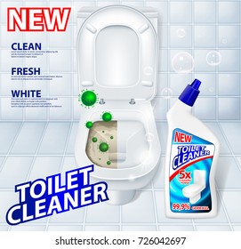 Toilet antibacterial, detergent cleaner ad poster including green microbes and soap bubbles. Realistic Toilet Cleaner gel Plastic package. 3d vector illustration