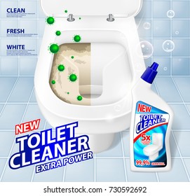 Toilet banner ads, effect of cleaner before and after. Green virus escaping from shining toilet bowl. Detergent cleaner gel in bottle mockup. 3d Vector illustration