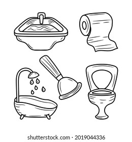 Ilustración vectorial de objetos de baño e inodoro con un sencillo estilo de dibujo a mano