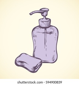Toilet bathing spa soapy flask isolated on white background. Freehand outline purple color ink drawn picture object sketchy in modern art scribble style pen on paper. Closeup view with space for text
