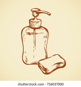 Toilet bathing spa soapy flask isolated on white background. Freehand outline red color ink drawn picture object sketchy in modern art scribble style pen on paper. Closeup view with space for text