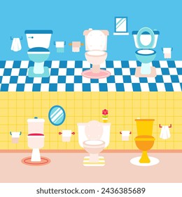 Toilet Bathroom Flat Concept. Vector Illustration of Tile Floor and Carpets. Towels and Papers.