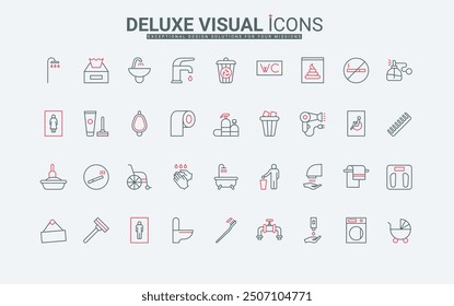 Toilet and bathroom, hygiene tools and cosmetics line icons set. Towel and antibacterial soap, signage for restroom and paper bin, WC detergent thin black and red outline symbols vector illustration